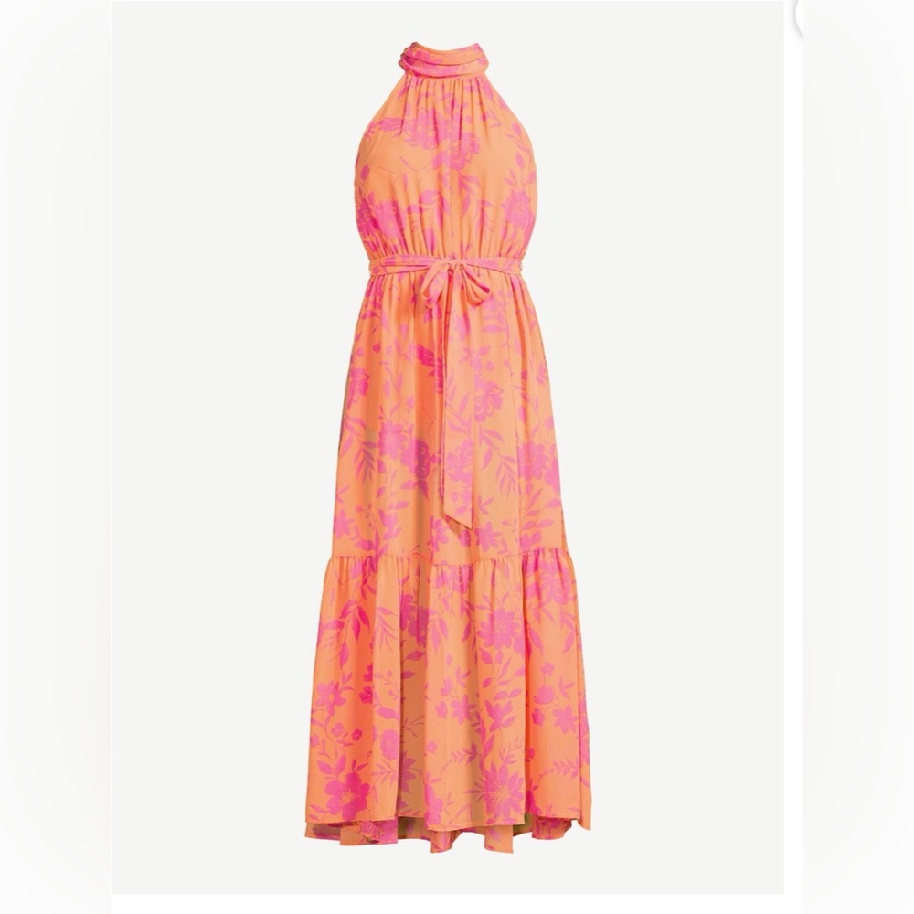 Halter Tie-Waist Maxi Dress in Pink & Orange
